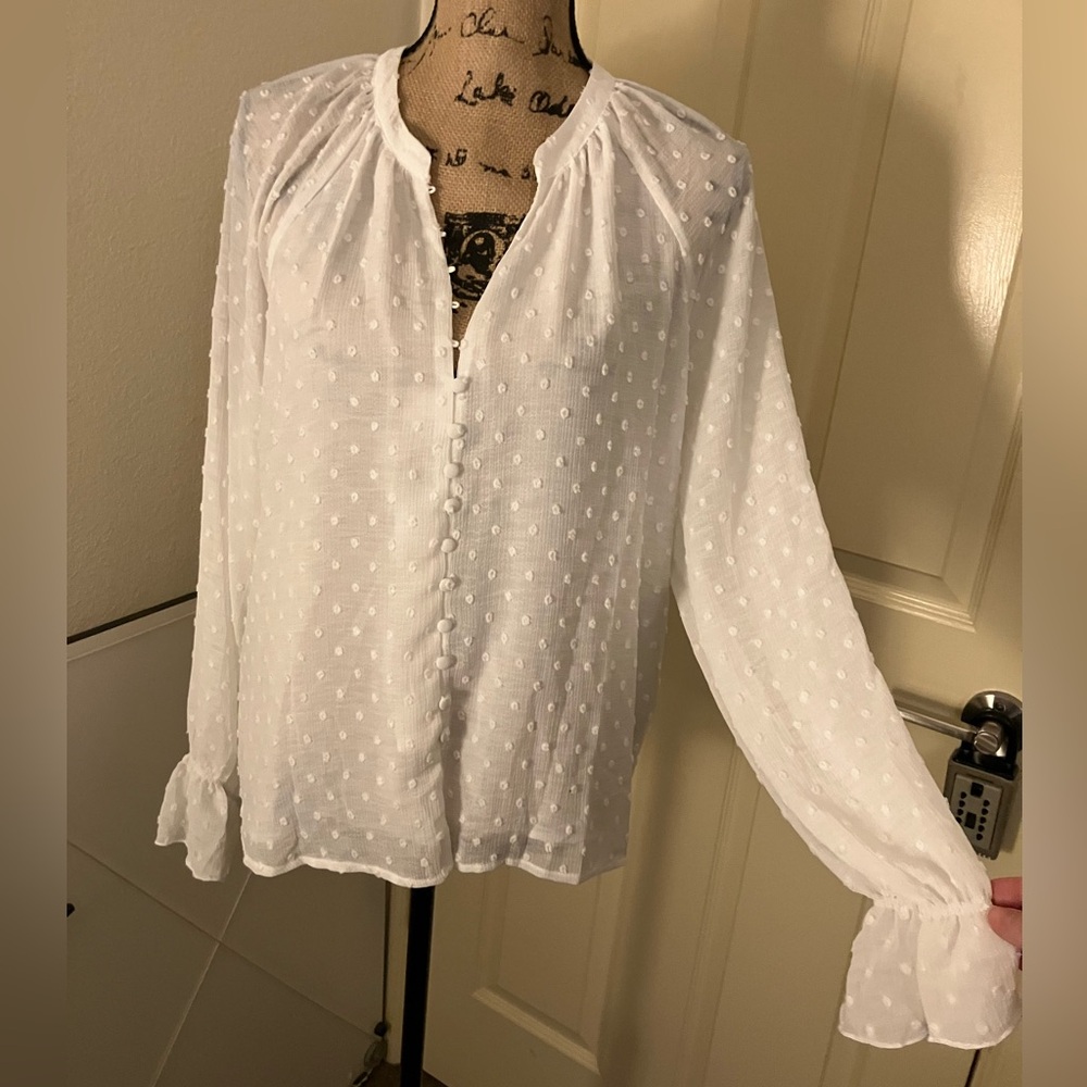 Forever 21 F21 Elegant White Button-Down Blouse sheer ruffle dots large L